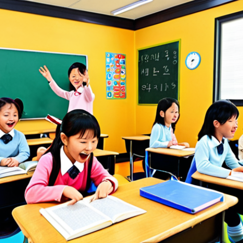 **Playful Learning Environment**: Create an illustration of a vibrant classroom setting where children are engaged in playful learning activities using characters from "콩지래빗." Show kids participating in interactive games, quizzes, and storytelling sessions, highlighting their joy and enthusiasm while learning important social values and basic knowledge.