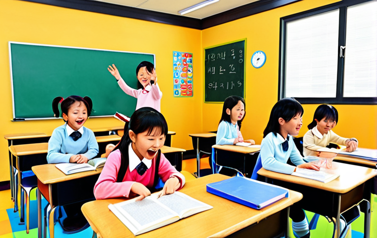 **Playful Learning Environment**: Create an illustration of a vibrant classroom setting where children are engaged in playful learning activities using characters from "콩지래빗." Show kids participating in interactive games, quizzes, and storytelling sessions, highlighting their joy and enthusiasm while learning important social values and basic knowledge.